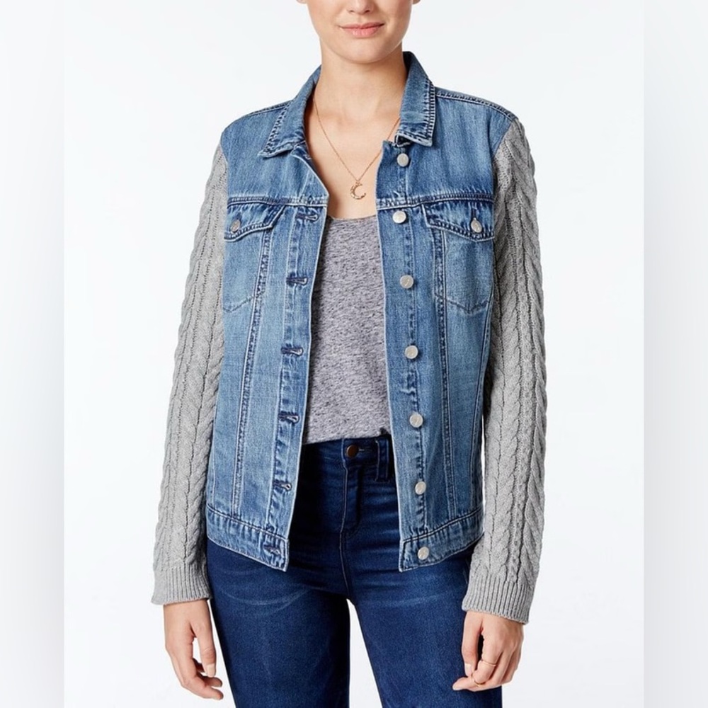 Gray Denim Jacket with Cable Knit Sleeves